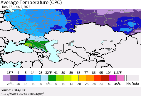 Russian Federation Average Temperature (CPC) Thematic Map For 12/27/2021 - 1/2/2022
