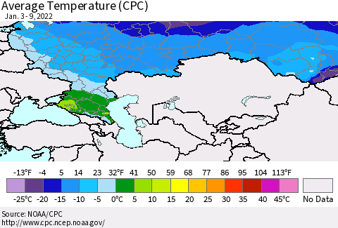 Russian Federation Average Temperature (CPC) Thematic Map For 1/3/2022 - 1/9/2022