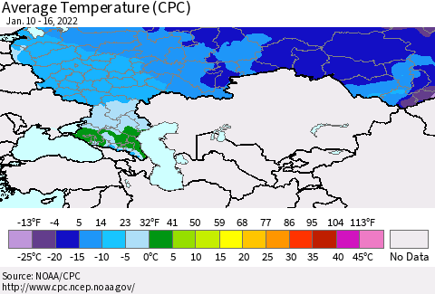 Russian Federation Average Temperature (CPC) Thematic Map For 1/10/2022 - 1/16/2022