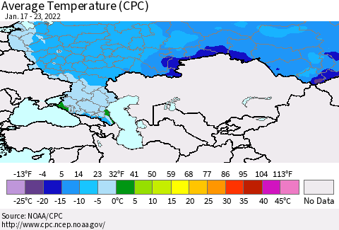 Russian Federation Average Temperature (CPC) Thematic Map For 1/17/2022 - 1/23/2022