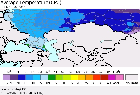 Russian Federation Average Temperature (CPC) Thematic Map For 1/24/2022 - 1/30/2022