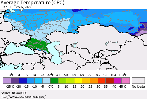 Russian Federation Average Temperature (CPC) Thematic Map For 1/31/2022 - 2/6/2022