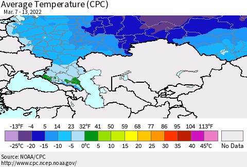 Russian Federation Average Temperature (CPC) Thematic Map For 3/7/2022 - 3/13/2022