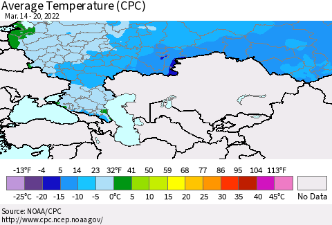 Russian Federation Average Temperature (CPC) Thematic Map For 3/14/2022 - 3/20/2022