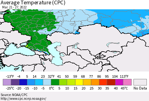 Russian Federation Average Temperature (CPC) Thematic Map For 3/21/2022 - 3/27/2022