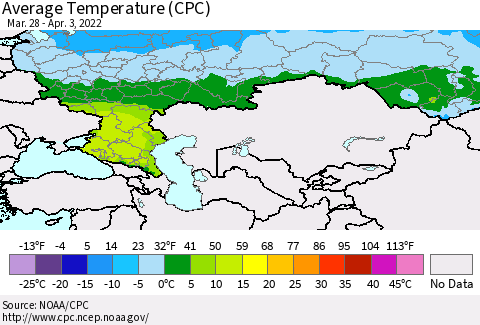 Russian Federation Average Temperature (CPC) Thematic Map For 3/28/2022 - 4/3/2022