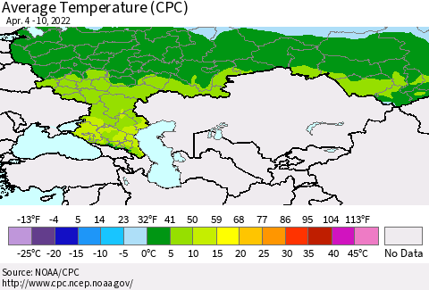 Russian Federation Average Temperature (CPC) Thematic Map For 4/4/2022 - 4/10/2022