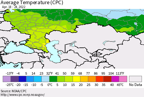 Russian Federation Average Temperature (CPC) Thematic Map For 4/18/2022 - 4/24/2022
