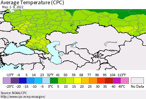 Russian Federation Average Temperature (CPC) Thematic Map For 5/2/2022 - 5/8/2022