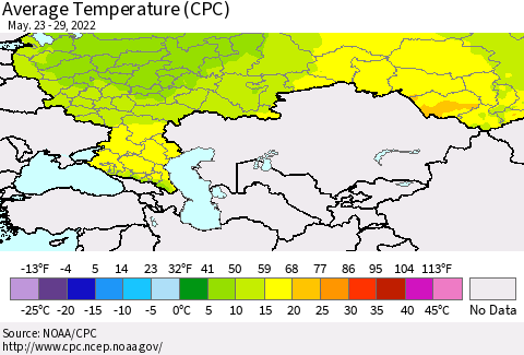 Russian Federation Average Temperature (CPC) Thematic Map For 5/23/2022 - 5/29/2022