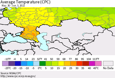 Russian Federation Average Temperature (CPC) Thematic Map For 5/30/2022 - 6/5/2022