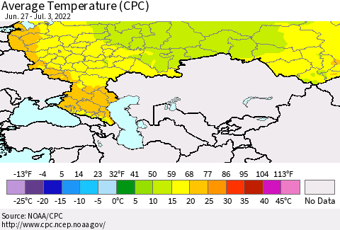 Russian Federation Average Temperature (CPC) Thematic Map For 6/27/2022 - 7/3/2022