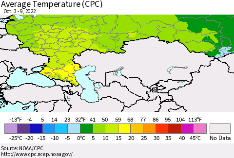 Russian Federation Average Temperature (CPC) Thematic Map For 10/3/2022 - 10/9/2022