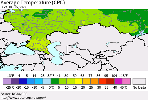 Russian Federation Average Temperature (CPC) Thematic Map For 10/10/2022 - 10/16/2022