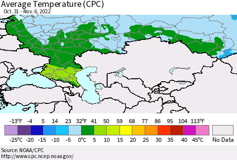 Russian Federation Average Temperature (CPC) Thematic Map For 10/31/2022 - 11/6/2022