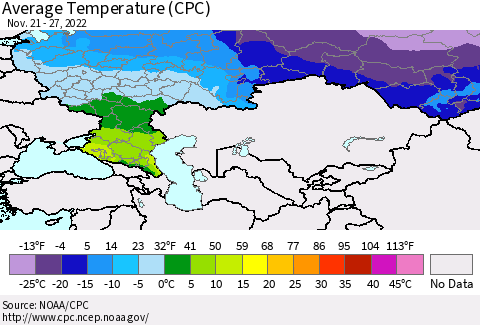 Russian Federation Average Temperature (CPC) Thematic Map For 11/21/2022 - 11/27/2022