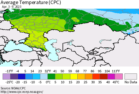 Russian Federation Average Temperature (CPC) Thematic Map For 4/3/2023 - 4/9/2023