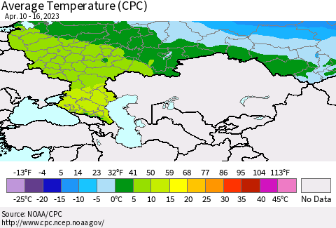 Russian Federation Average Temperature (CPC) Thematic Map For 4/10/2023 - 4/16/2023