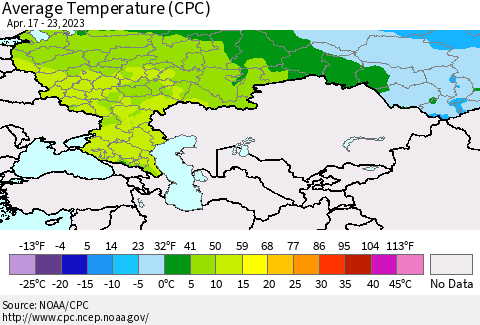 Russian Federation Average Temperature (CPC) Thematic Map For 4/17/2023 - 4/23/2023