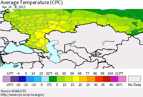 Russian Federation Average Temperature (CPC) Thematic Map For 4/24/2023 - 4/30/2023
