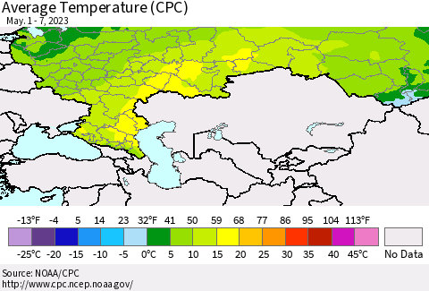 Russian Federation Average Temperature (CPC) Thematic Map For 5/1/2023 - 5/7/2023