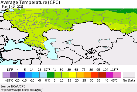 Russian Federation Average Temperature (CPC) Thematic Map For 5/8/2023 - 5/14/2023