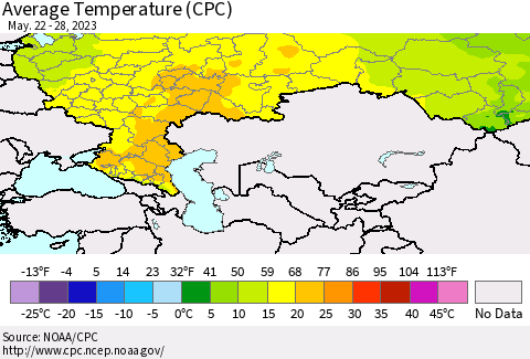 Russian Federation Average Temperature (CPC) Thematic Map For 5/22/2023 - 5/28/2023