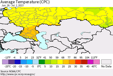 Russian Federation Average Temperature (CPC) Thematic Map For 6/26/2023 - 7/2/2023