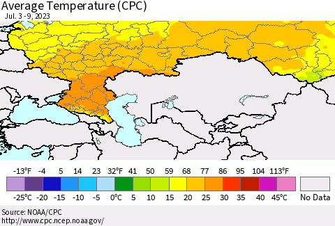 Russian Federation Average Temperature (CPC) Thematic Map For 7/3/2023 - 7/9/2023