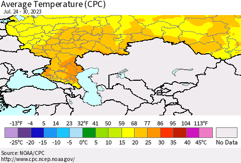 Russian Federation Average Temperature (CPC) Thematic Map For 7/24/2023 - 7/30/2023
