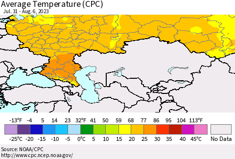 Russian Federation Average Temperature (CPC) Thematic Map For 7/31/2023 - 8/6/2023