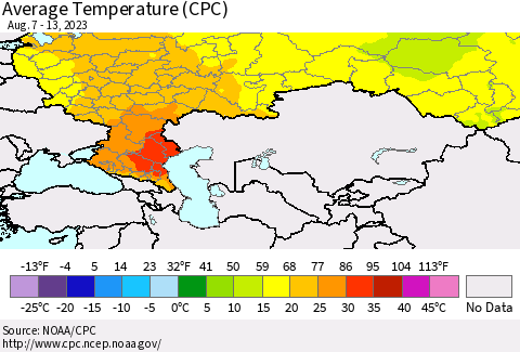 Russian Federation Average Temperature (CPC) Thematic Map For 8/7/2023 - 8/13/2023