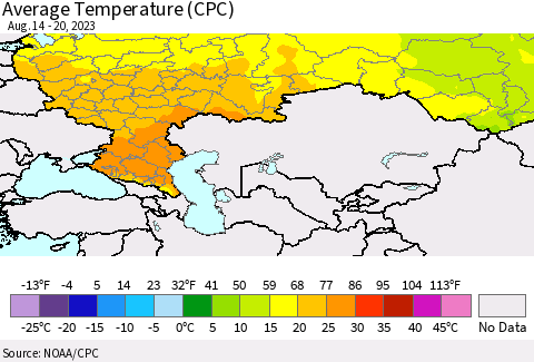Russian Federation Average Temperature (CPC) Thematic Map For 8/14/2023 - 8/20/2023