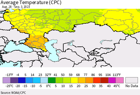 Russian Federation Average Temperature (CPC) Thematic Map For 8/28/2023 - 9/3/2023