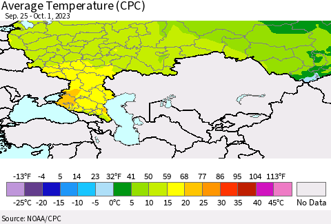 Russian Federation Average Temperature (CPC) Thematic Map For 9/25/2023 - 10/1/2023