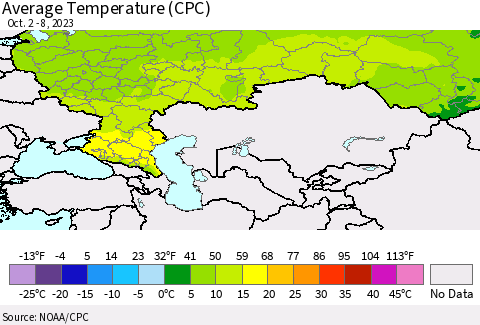 Russian Federation Average Temperature (CPC) Thematic Map For 10/2/2023 - 10/8/2023