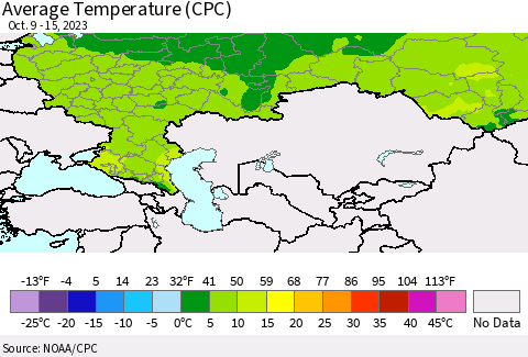Russian Federation Average Temperature (CPC) Thematic Map For 10/9/2023 - 10/15/2023