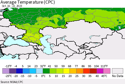 Russian Federation Average Temperature (CPC) Thematic Map For 10/16/2023 - 10/22/2023