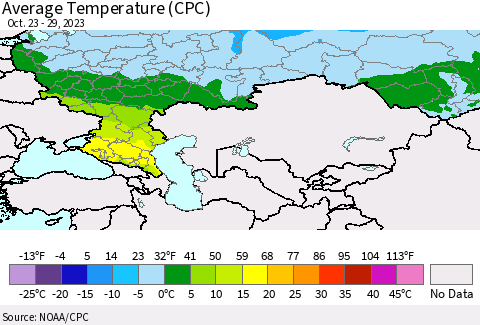Russian Federation Average Temperature (CPC) Thematic Map For 10/23/2023 - 10/29/2023