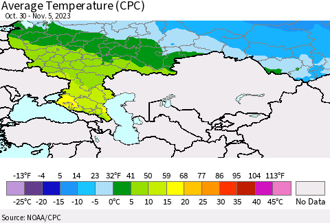 Russian Federation Average Temperature (CPC) Thematic Map For 10/30/2023 - 11/5/2023
