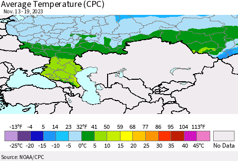 Russian Federation Average Temperature (CPC) Thematic Map For 11/13/2023 - 11/19/2023