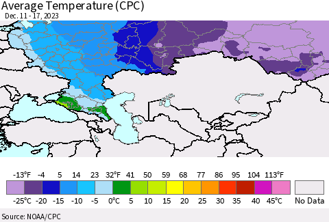 Russian Federation Average Temperature (CPC) Thematic Map For 12/11/2023 - 12/17/2023