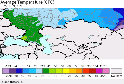 Russian Federation Average Temperature (CPC) Thematic Map For 12/18/2023 - 12/24/2023