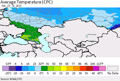 Russian Federation Average Temperature (CPC) Thematic Map For 12/25/2023 - 12/31/2023