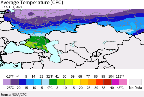 Russian Federation Average Temperature (CPC) Thematic Map For 1/1/2024 - 1/7/2024