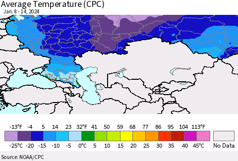 Russian Federation Average Temperature (CPC) Thematic Map For 1/8/2024 - 1/14/2024
