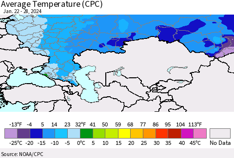 Russian Federation Average Temperature (CPC) Thematic Map For 1/22/2024 - 1/28/2024