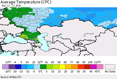 Russian Federation Average Temperature (CPC) Thematic Map For 3/11/2024 - 3/17/2024