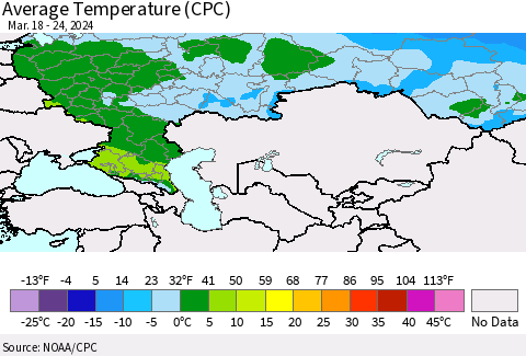 Russian Federation Average Temperature (CPC) Thematic Map For 3/18/2024 - 3/24/2024