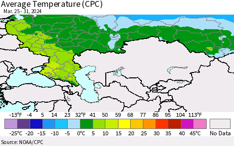 Russian Federation Average Temperature (CPC) Thematic Map For 3/25/2024 - 3/31/2024